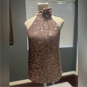 Rose sleeveless sequinned blouse with satin rose collar. NWT. Size Medi…